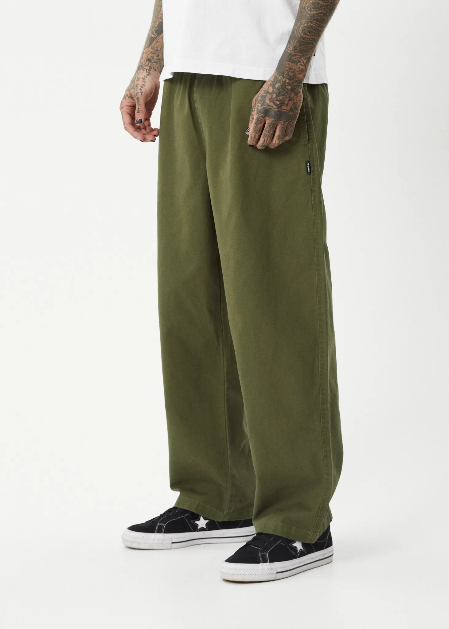 AFENDS Mens Ninety Eights - Baggy Elastic Waist Pants - Military