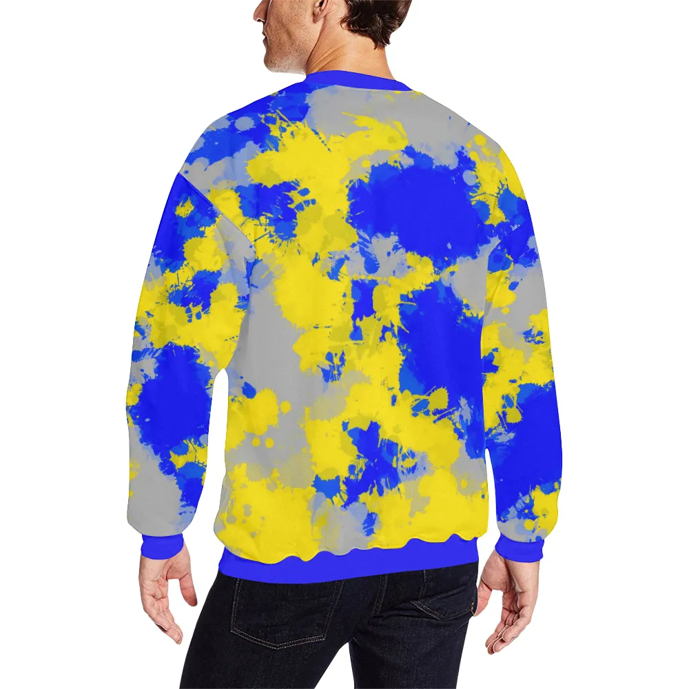 Blue and Yellow Paint Splatter Men's Big & Tall Oversized Fleece Crewneck Sweatshirt