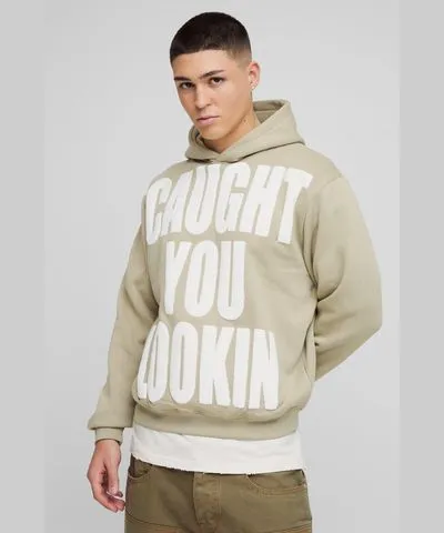 boohooMAN Mens Boxy Caught You Lookin Puff Print Hoodie