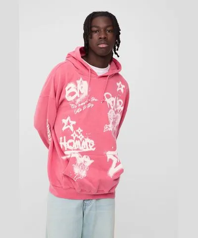 boohooMAN Mens Oversized Washed Graffiti Printed Hoodie