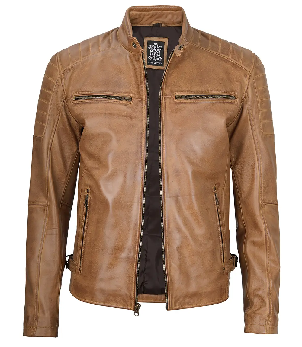 Cafe Racer Camel Brown Leather Jacket for Men