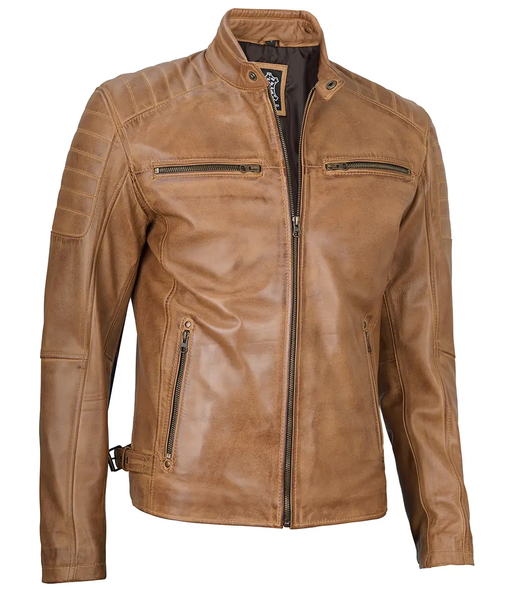 Cafe Racer Camel Brown Leather Jacket for Men