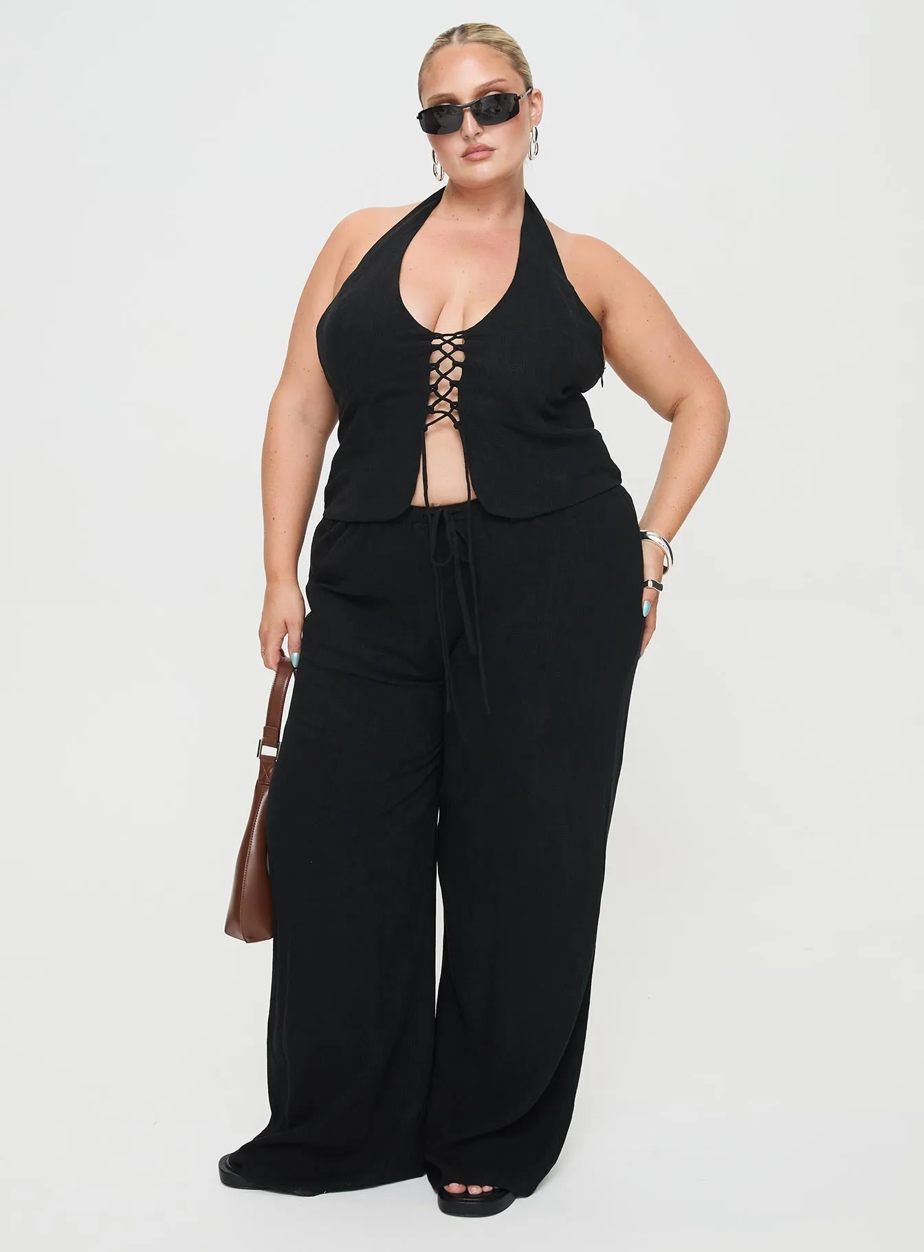 Clouded Linen Blend Vest Top Black Curve