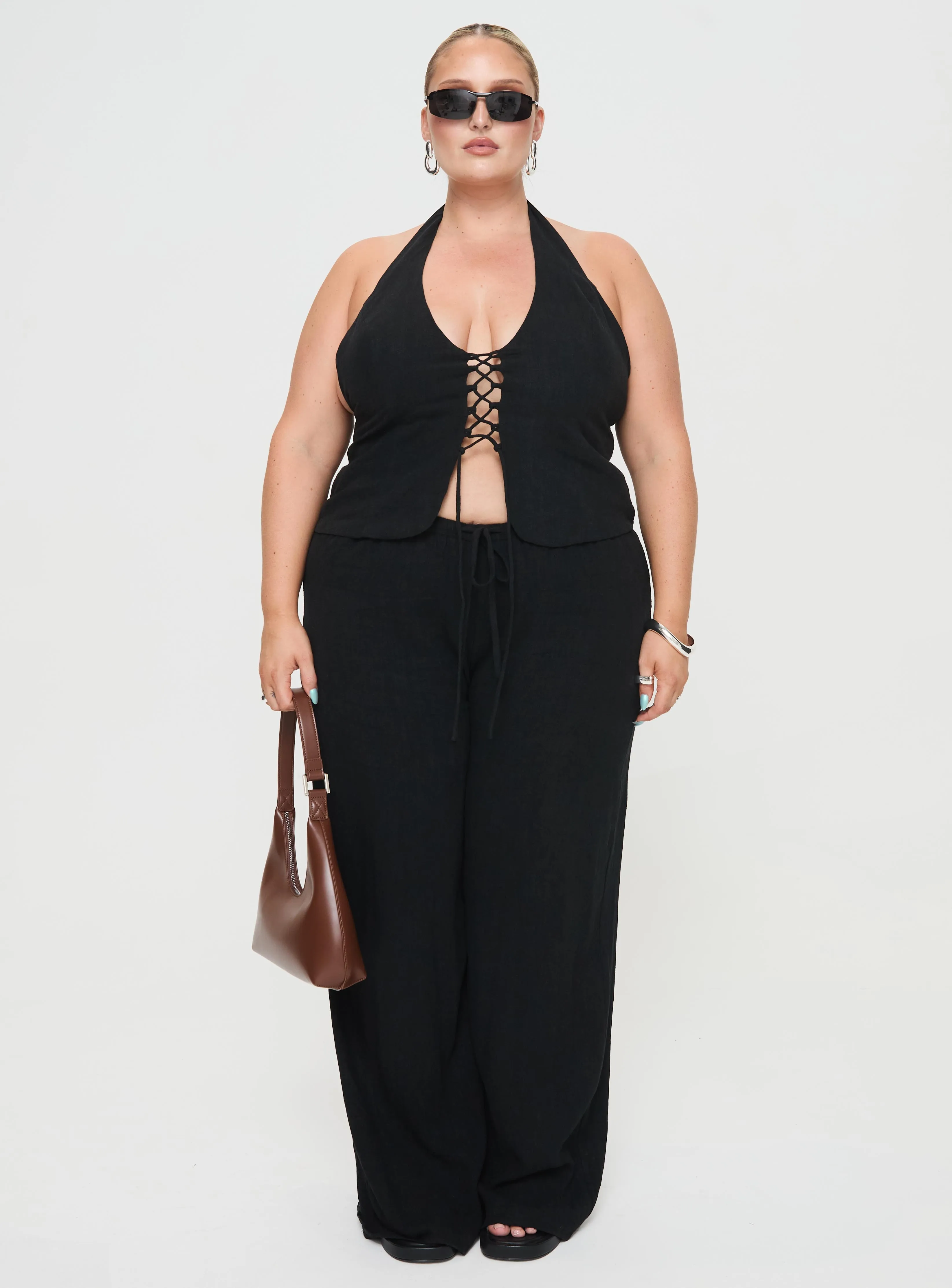 Clouded Linen Blend Vest Top Black Curve