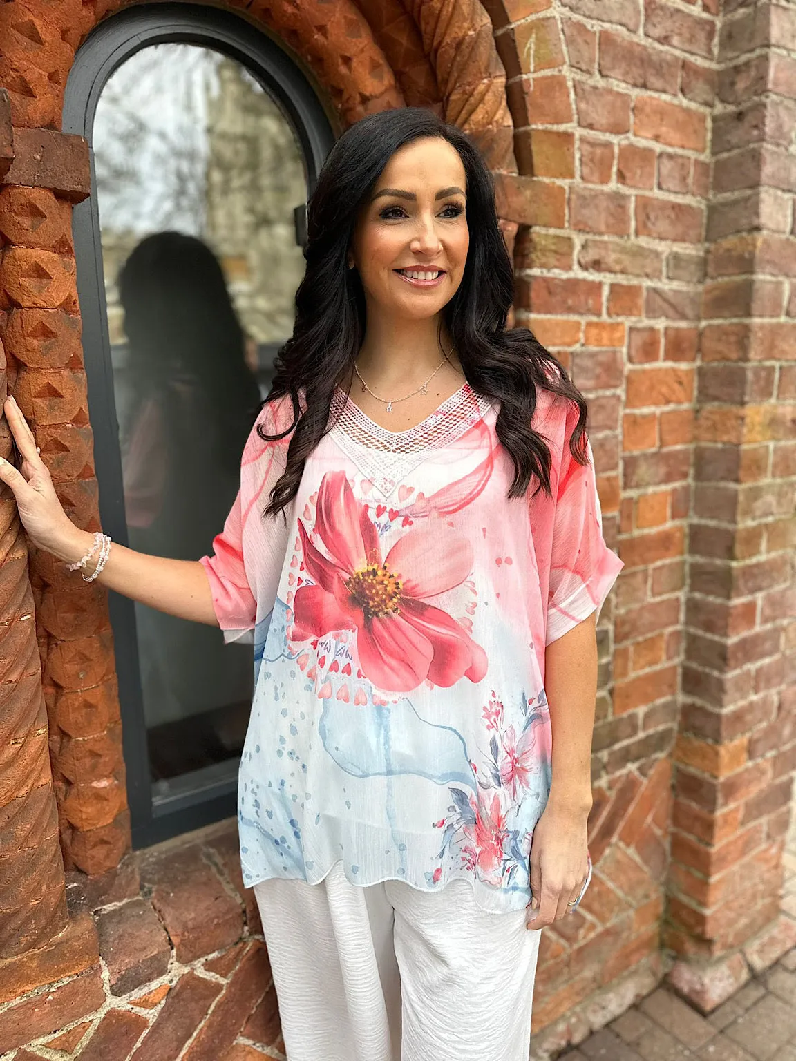 Coral Floral Sequin V Neck Top Vivian