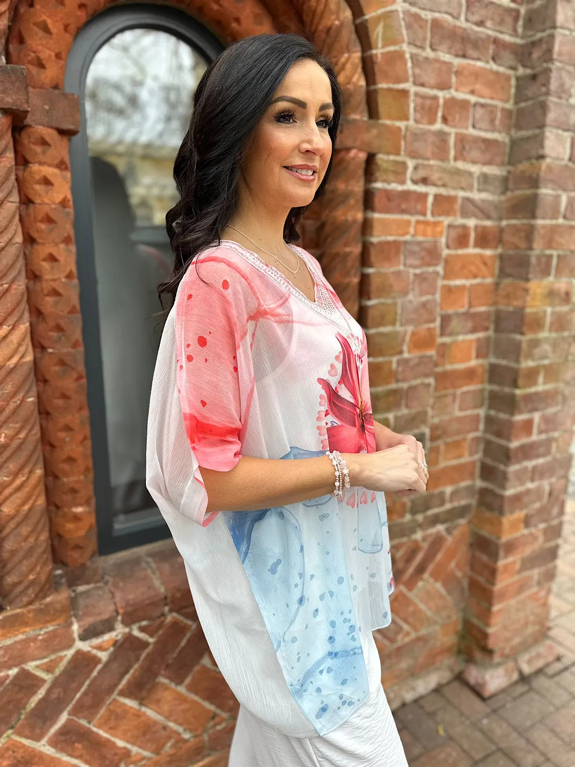 Coral Floral Sequin V Neck Top Vivian