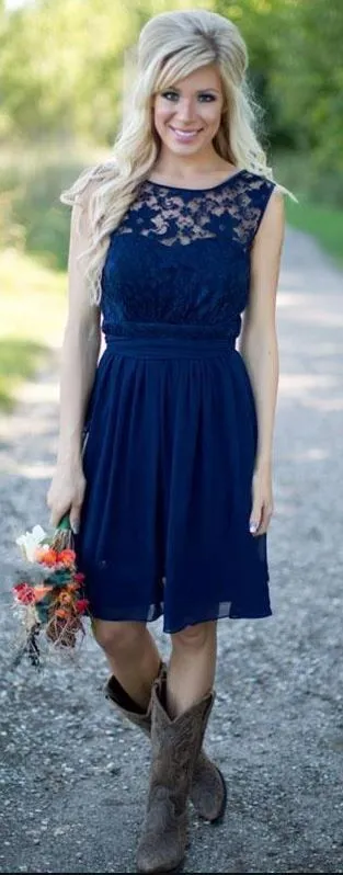 Country Blue Bateau Modest Lace Short Bridesmaid Dresses with Cowboy Boots