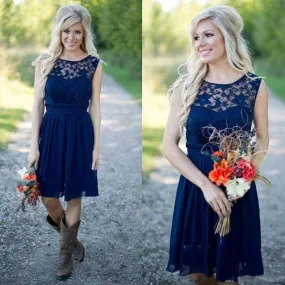 Country Blue Bateau Modest Lace Short Bridesmaid Dresses with Cowboy Boots