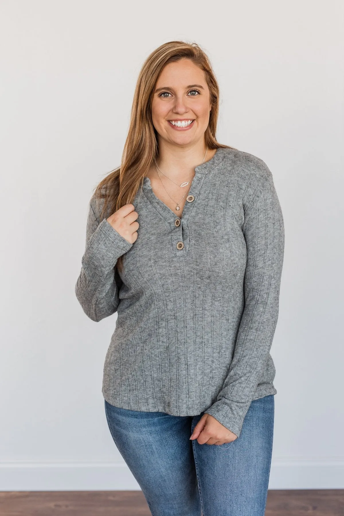 Cozy Up Close Button Henley Top- Grey