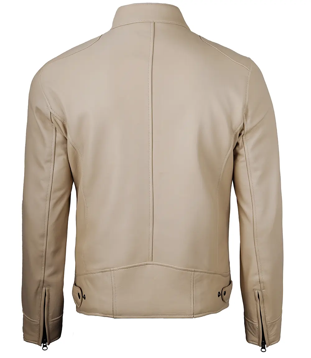 Dodge Men's Beige Leather Cafe Racer Jacket 