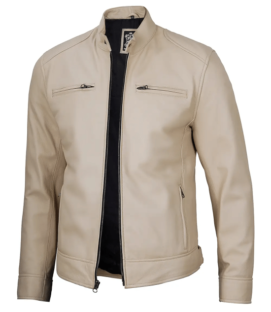 Dodge Men's Beige Leather Cafe Racer Jacket 