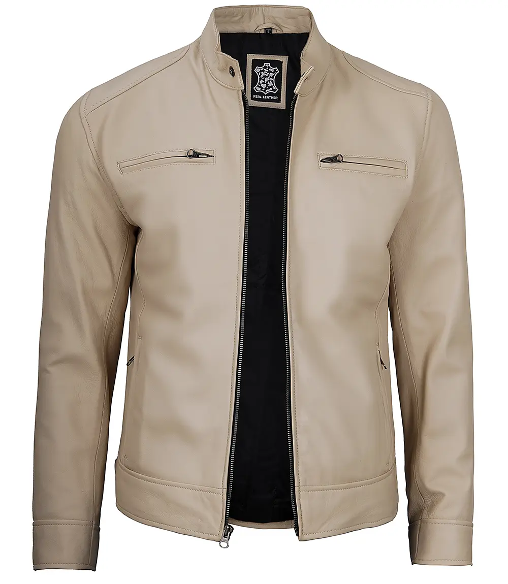 Dodge Men's Beige Leather Cafe Racer Jacket 