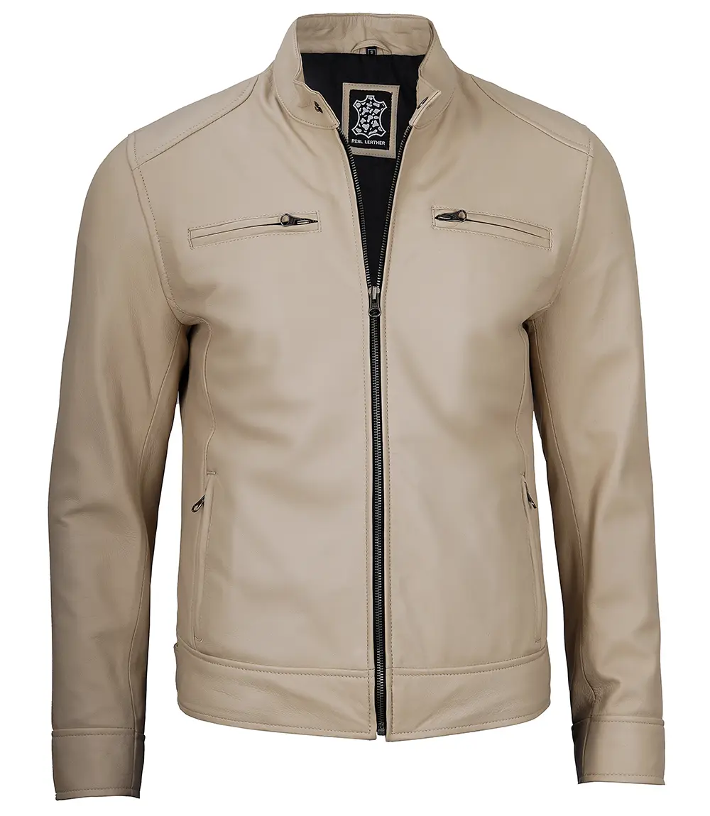 Dodge Men's Beige Leather Cafe Racer Jacket 