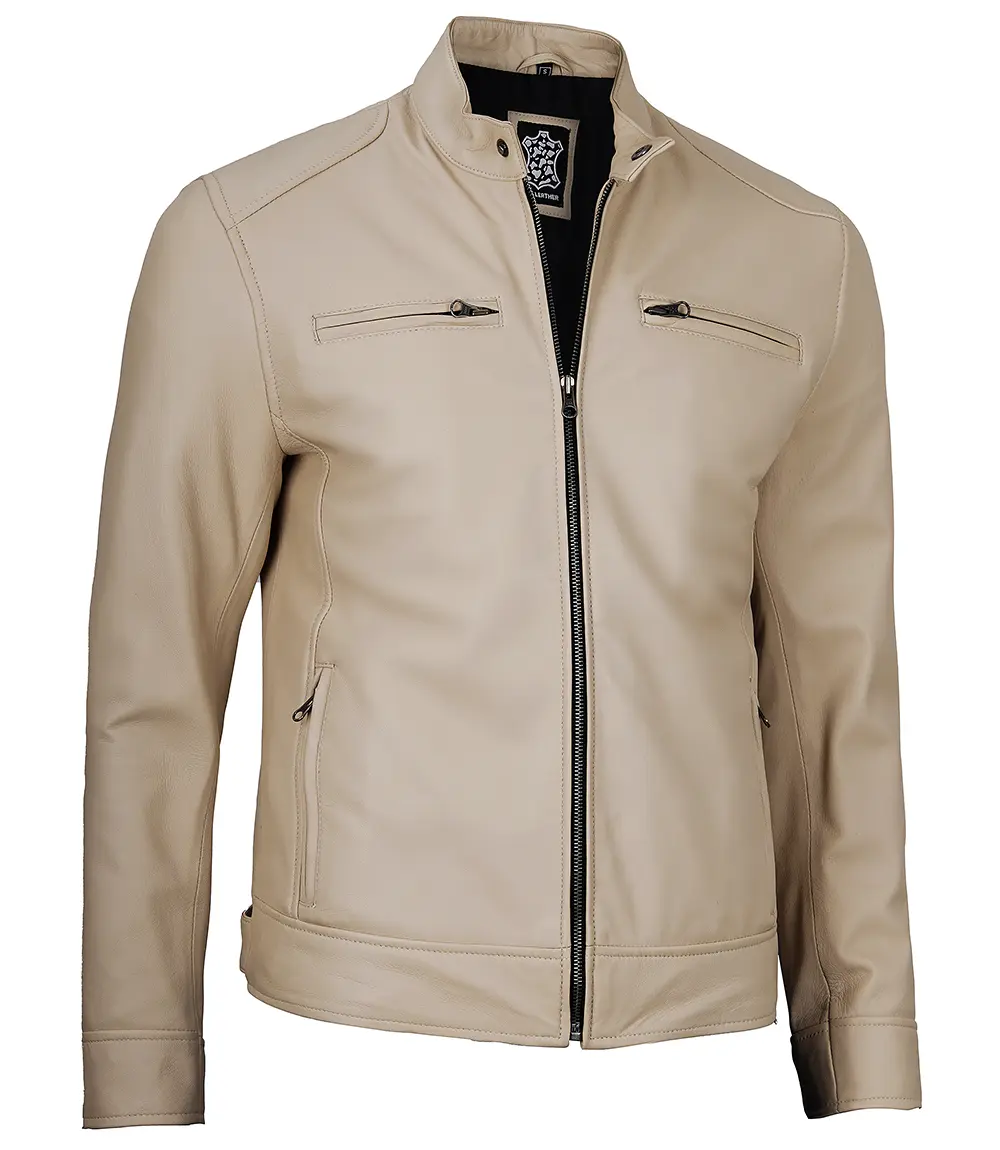 Dodge Men's Beige Leather Cafe Racer Jacket 