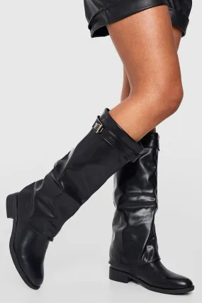 Fold Over Metal Detail Knee High Boots