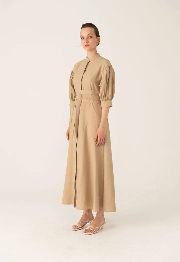 Gathered Sleeve Long Shirt Dress