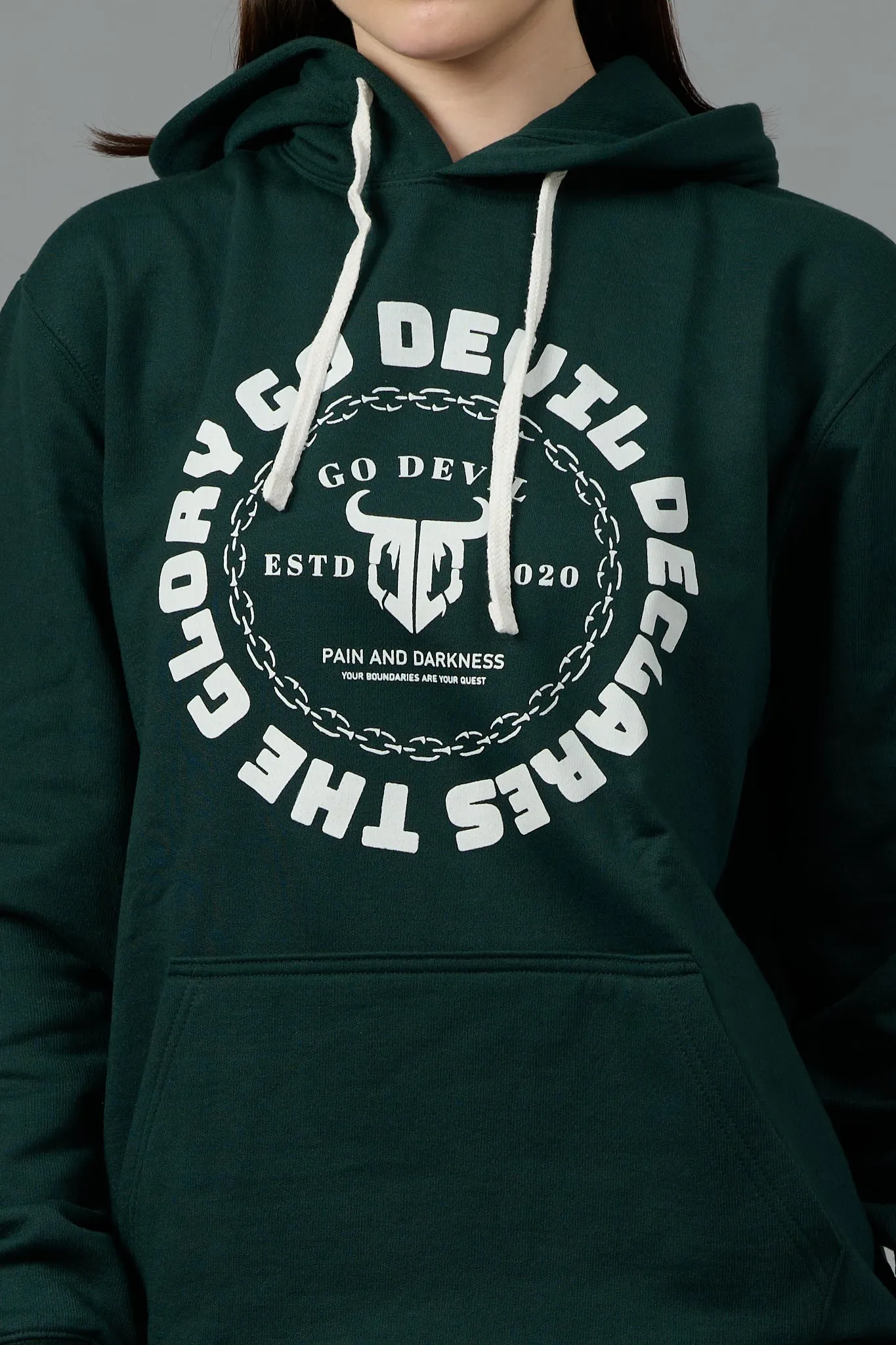 Go Devil Logo Printed Dark Green Hoodie for Women