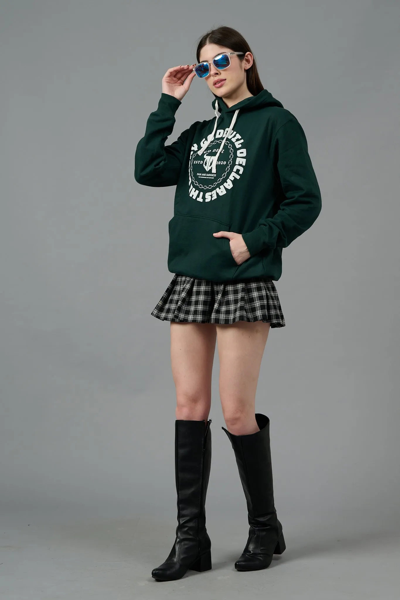 Go Devil Logo Printed Dark Green Hoodie for Women