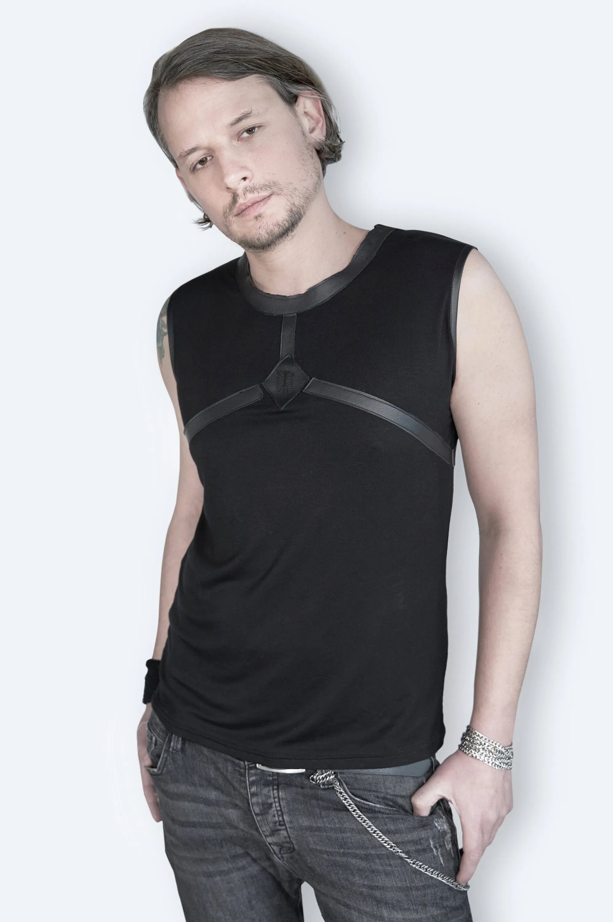 Leather harness laser engraved amulet Tank top | Unisex