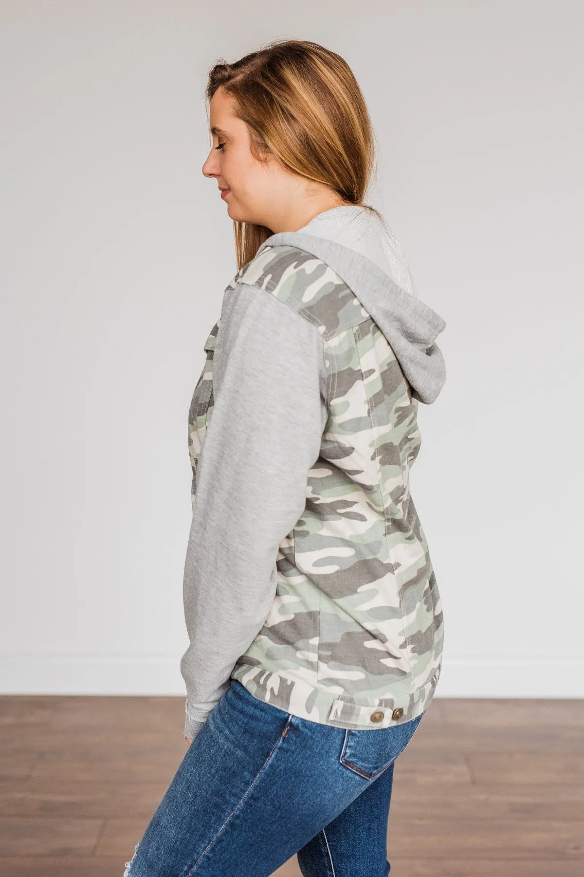 Lets Go Explore Hooded Lightweight Jacket- Camo & Grey