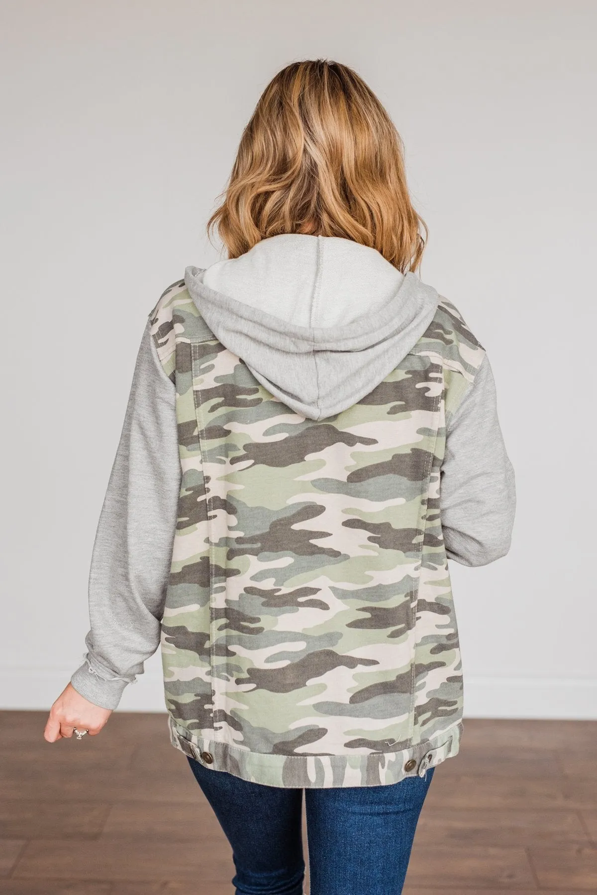 Lets Go Explore Hooded Lightweight Jacket- Camo & Grey