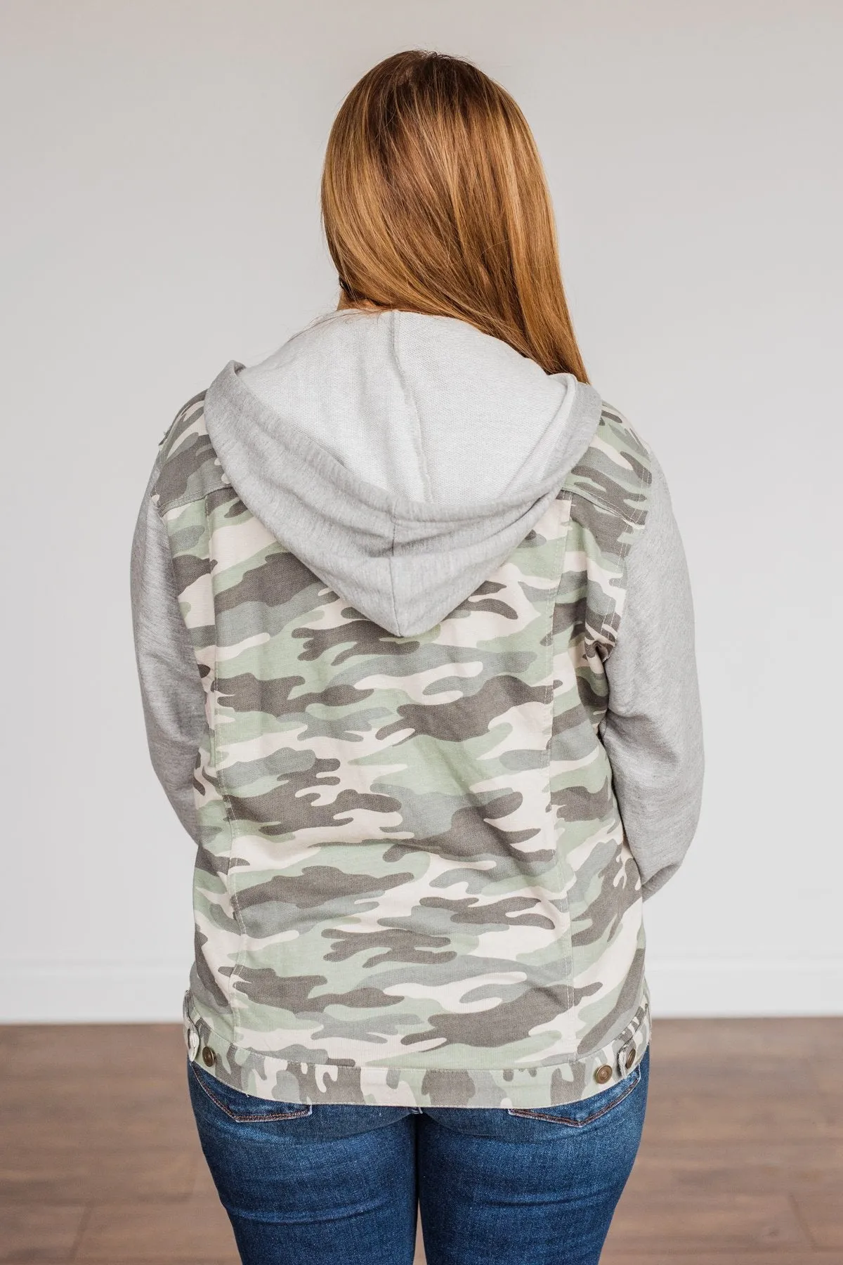 Lets Go Explore Hooded Lightweight Jacket- Camo & Grey