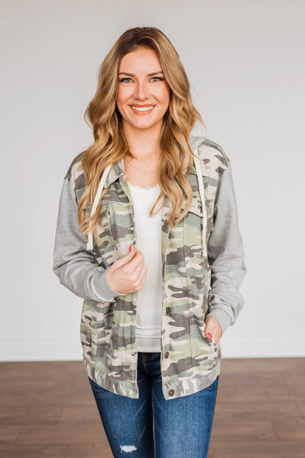 Lets Go Explore Hooded Lightweight Jacket- Camo & Grey