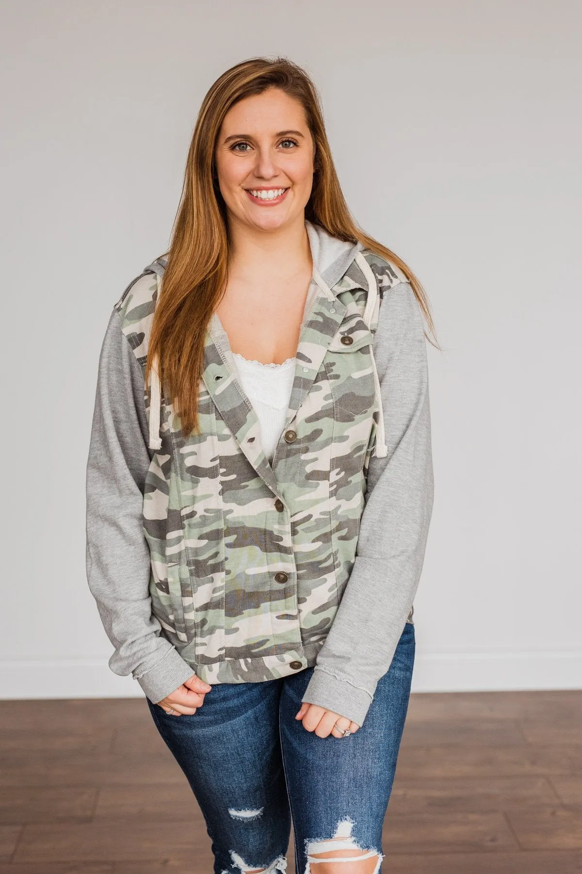 Lets Go Explore Hooded Lightweight Jacket- Camo & Grey