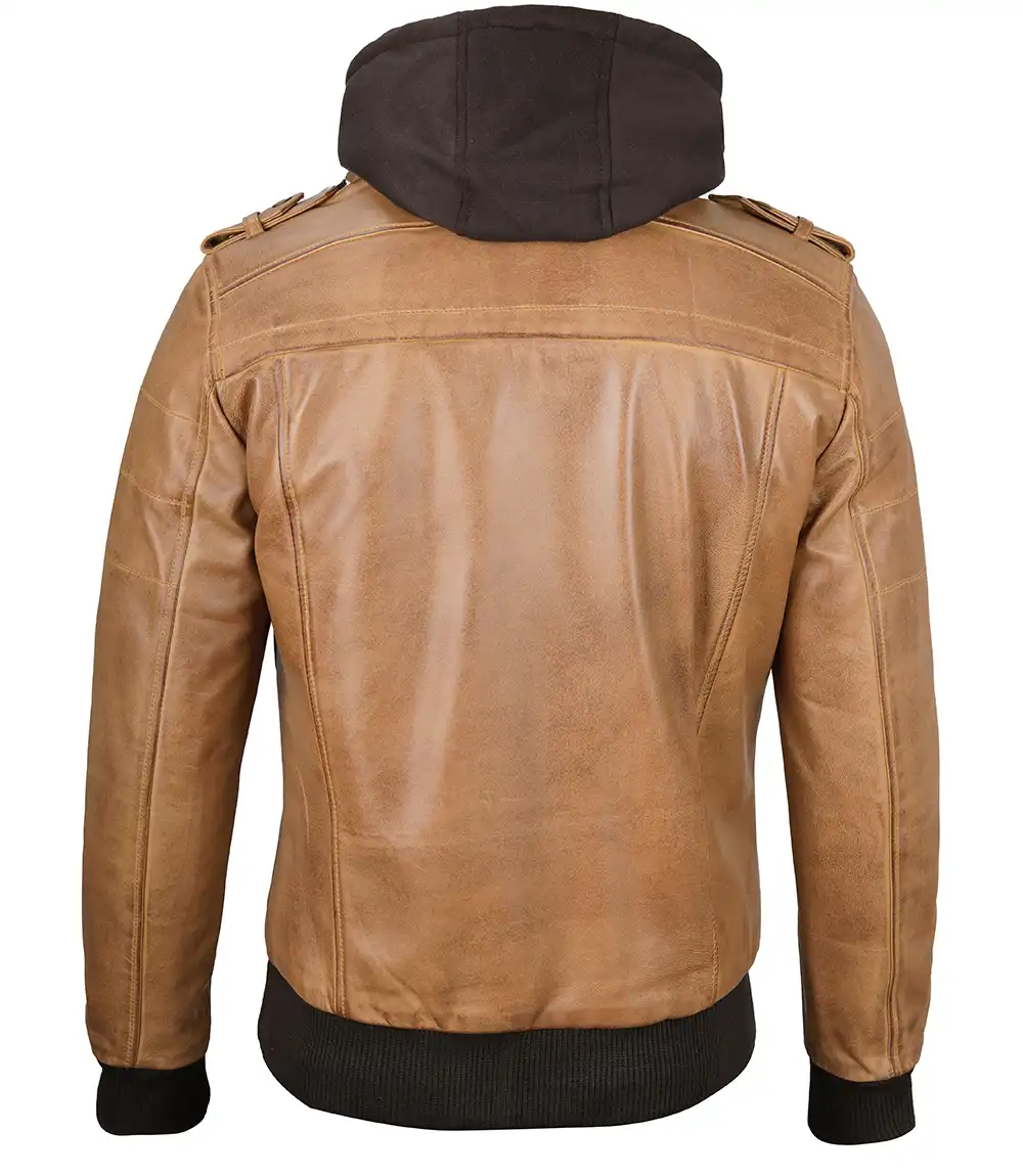 Men's Camel Brown Leather Jacket with Removable Hood