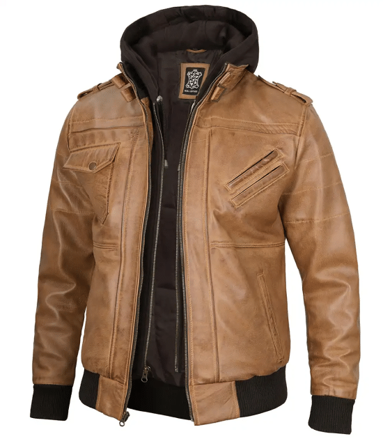 Men's Camel Brown Leather Jacket with Removable Hood