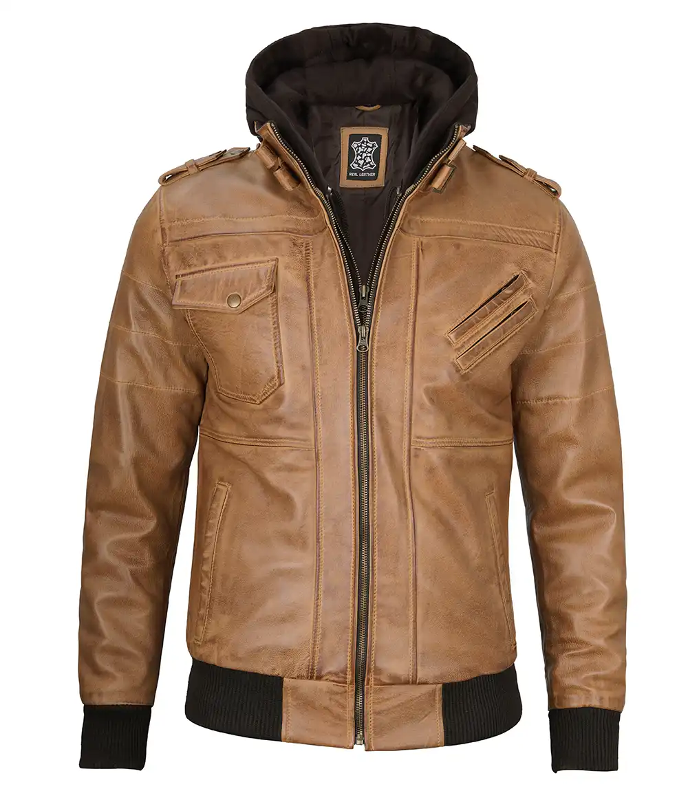 Men's Camel Brown Leather Jacket with Removable Hood