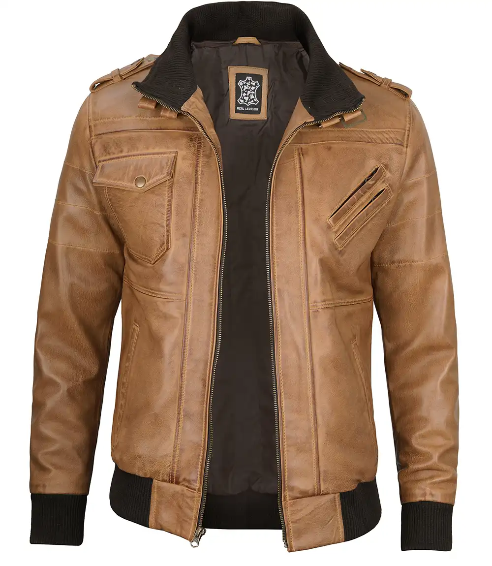 Men's Camel Brown Leather Jacket with Removable Hood