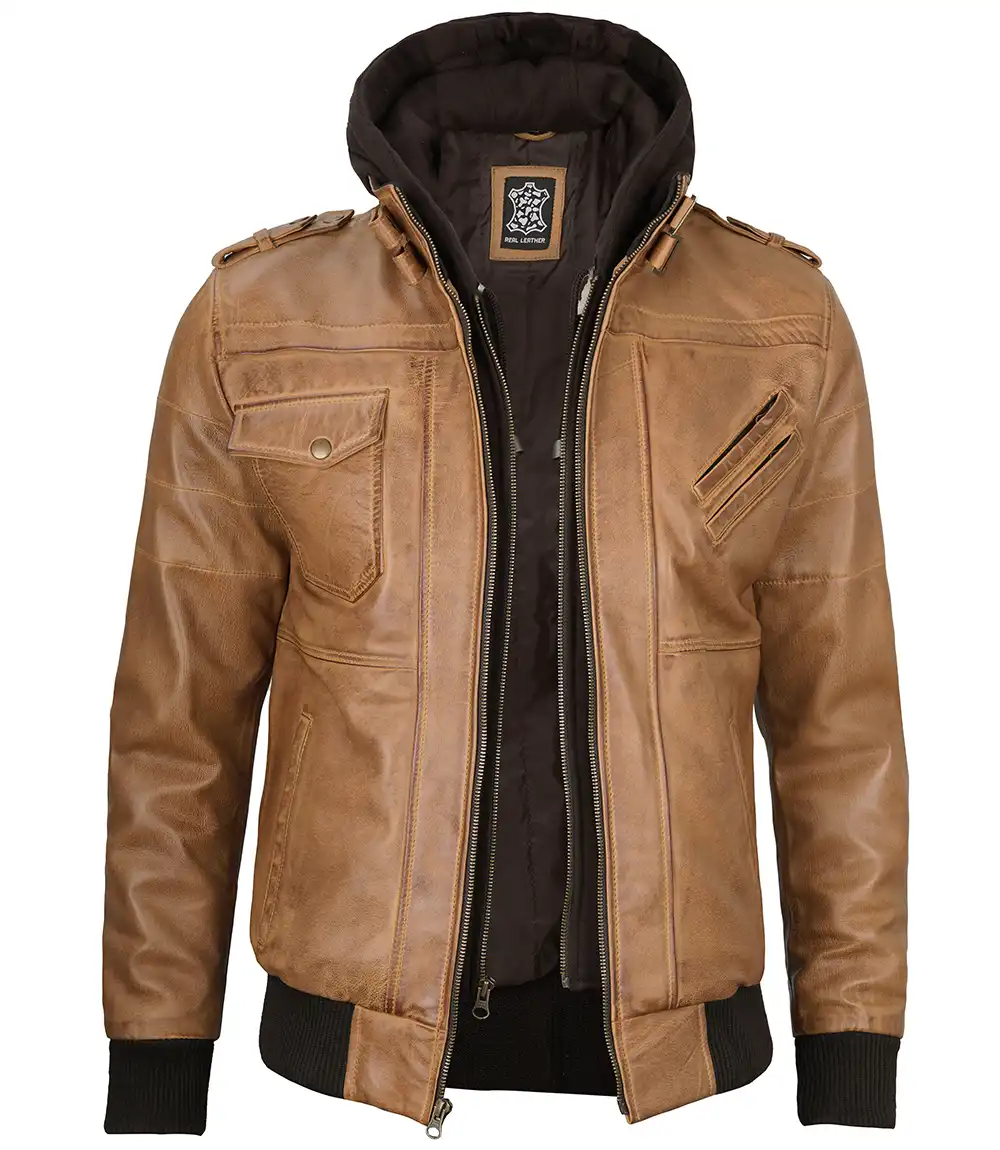 Men's Camel Brown Leather Jacket with Removable Hood