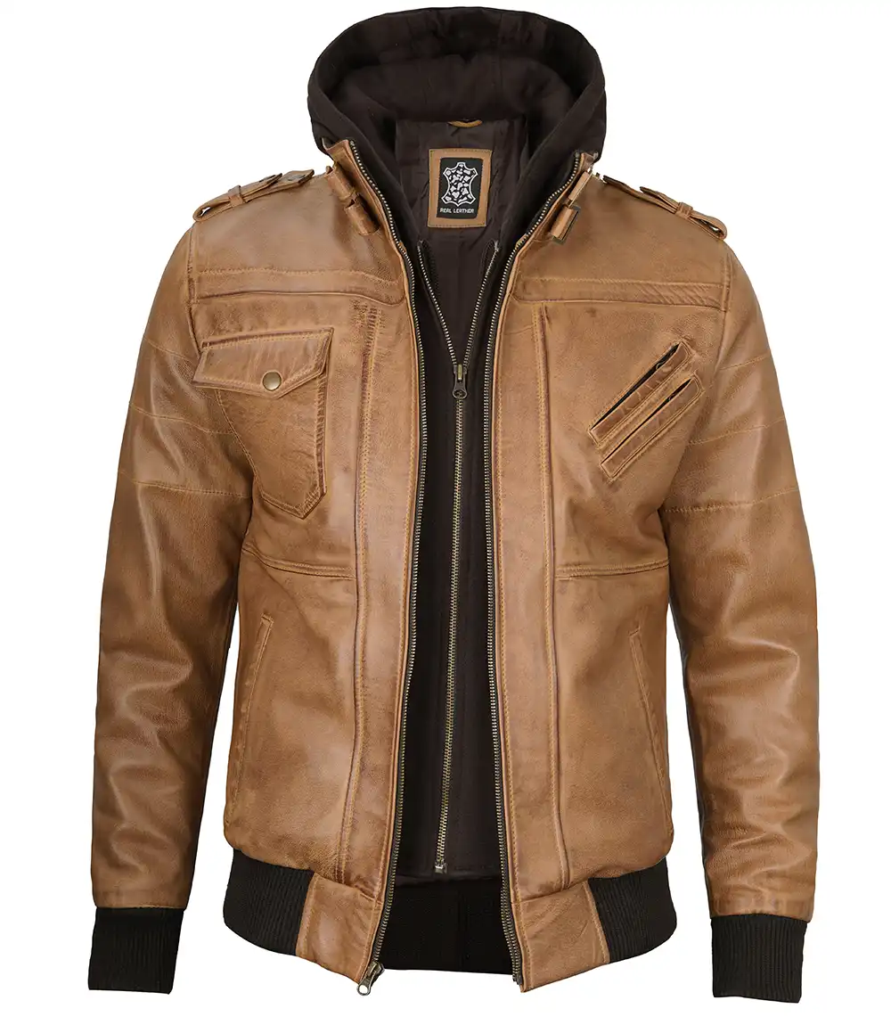 Men's Camel Brown Leather Jacket with Removable Hood