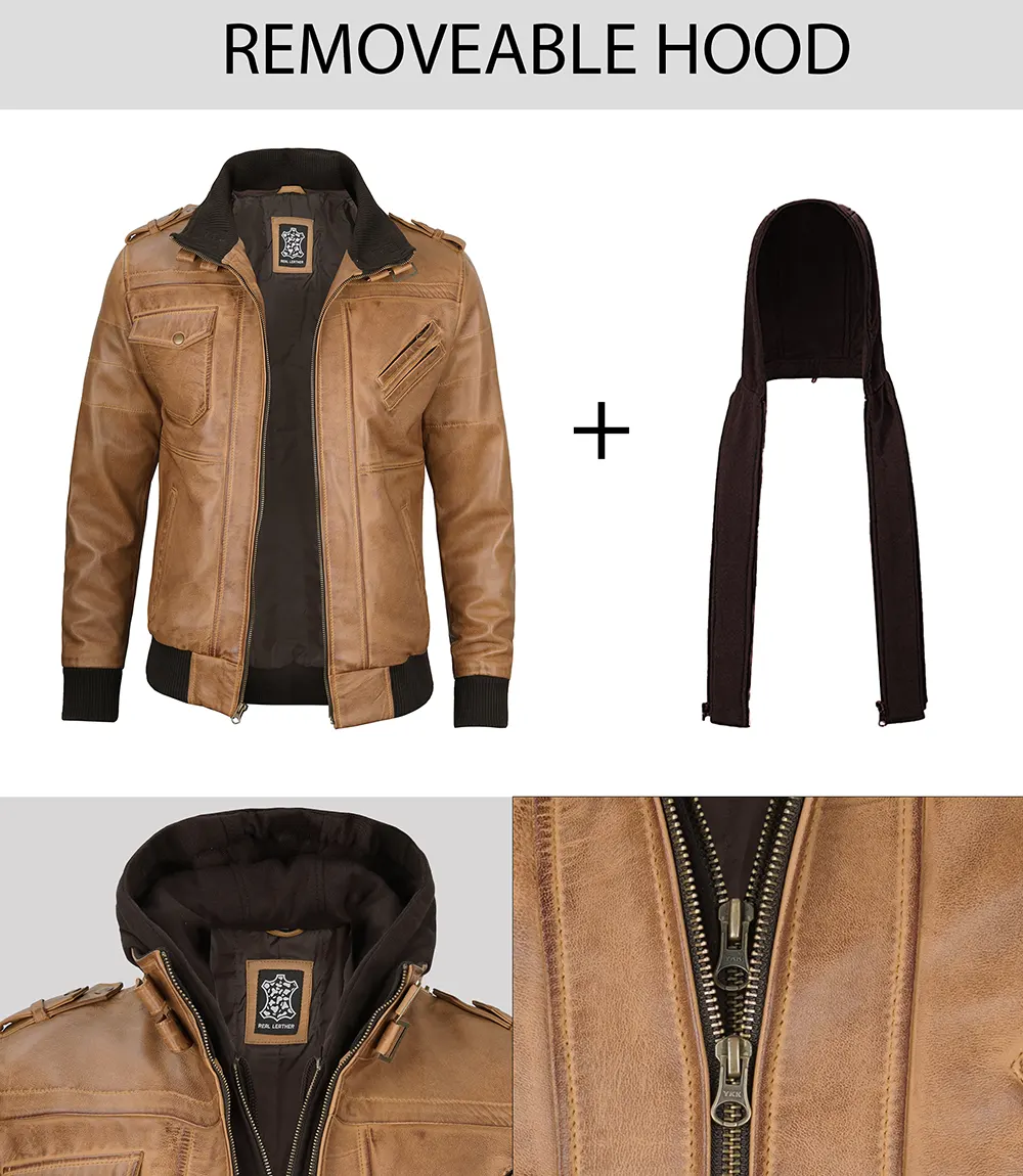 Men's Camel Brown Leather Jacket with Removable Hood