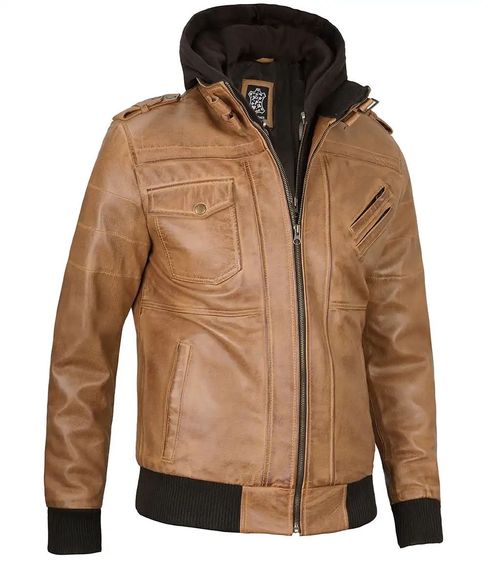 Men's Camel Brown Leather Jacket with Removable Hood