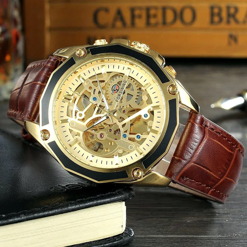 Men's Genuine Leather Skeleton Automatic Mechanical Wristwatch