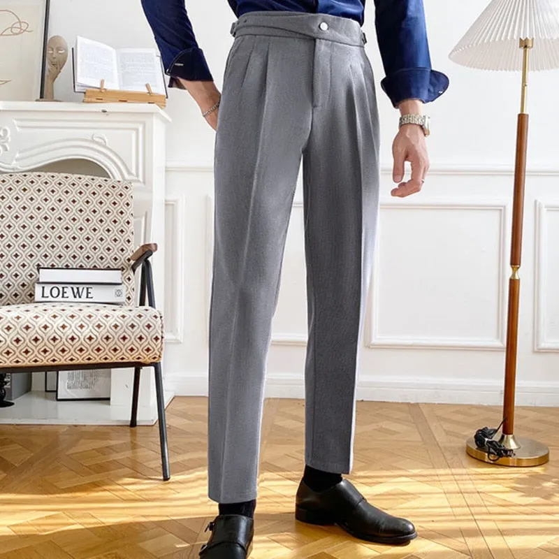 Men's Solid Color British High Waist Slim Fit Business Casual Pants