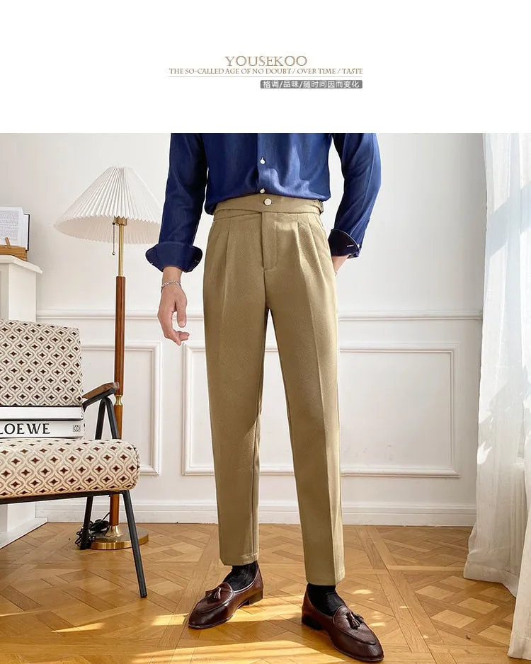 Men's Solid Color British High Waist Slim Fit Business Casual Pants