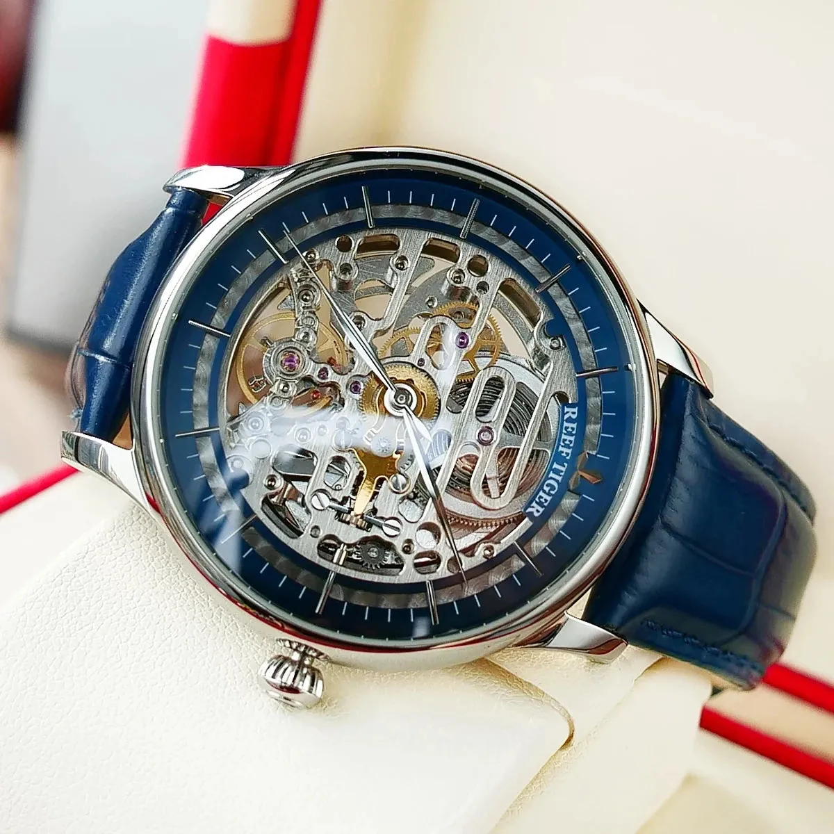 Men's Steel Skeleton Genuine Leather Strap Automatic Mechanical Watch