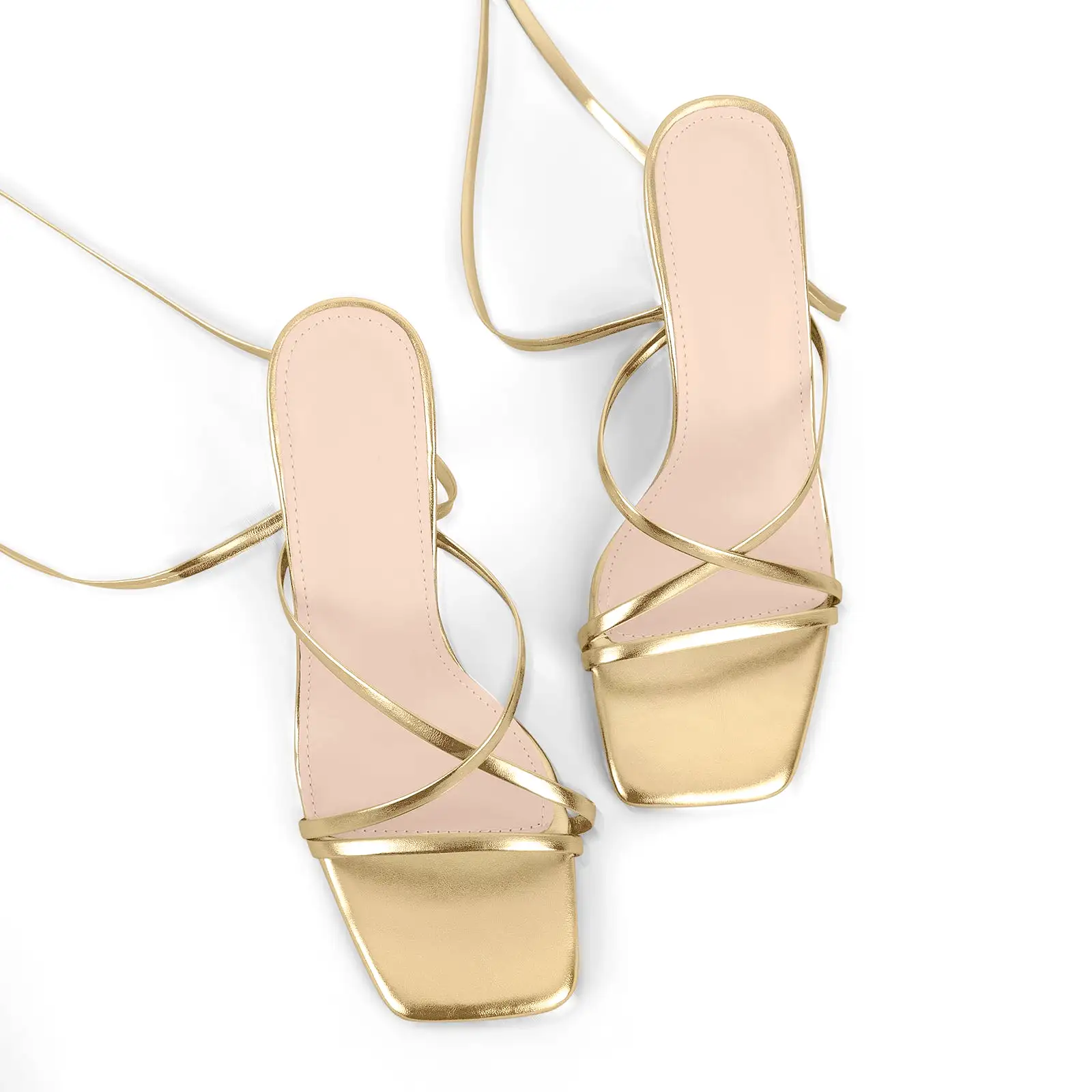 Metallic Leather Strap Square Toe High Heel Sandals