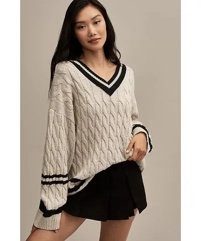 Moon River Striped V-Neck Cable-Knit Sweater