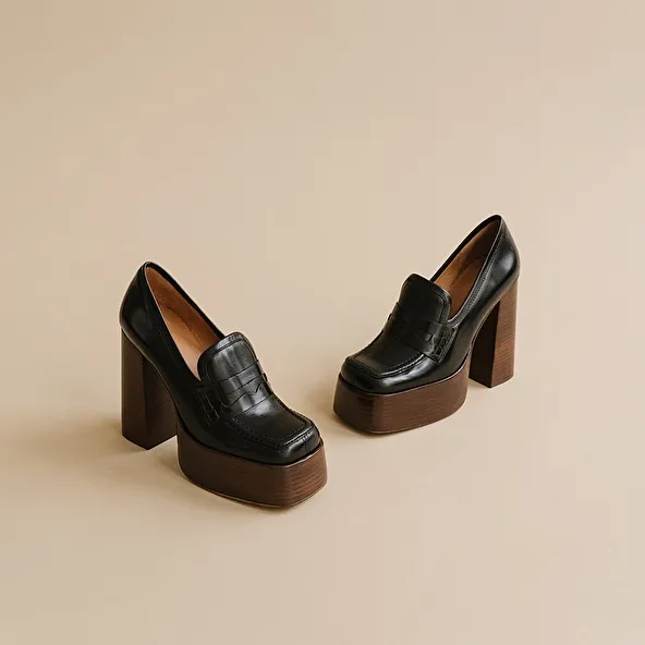 Platform loafers with square toe in black leather