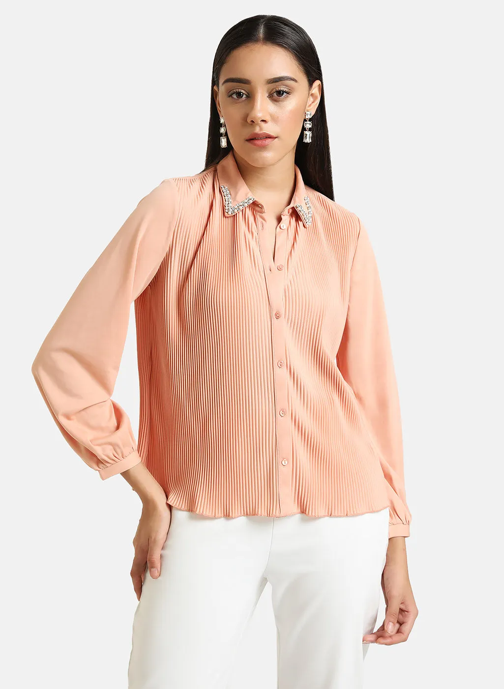 Pleated Shirt With Embellished Collar Tip