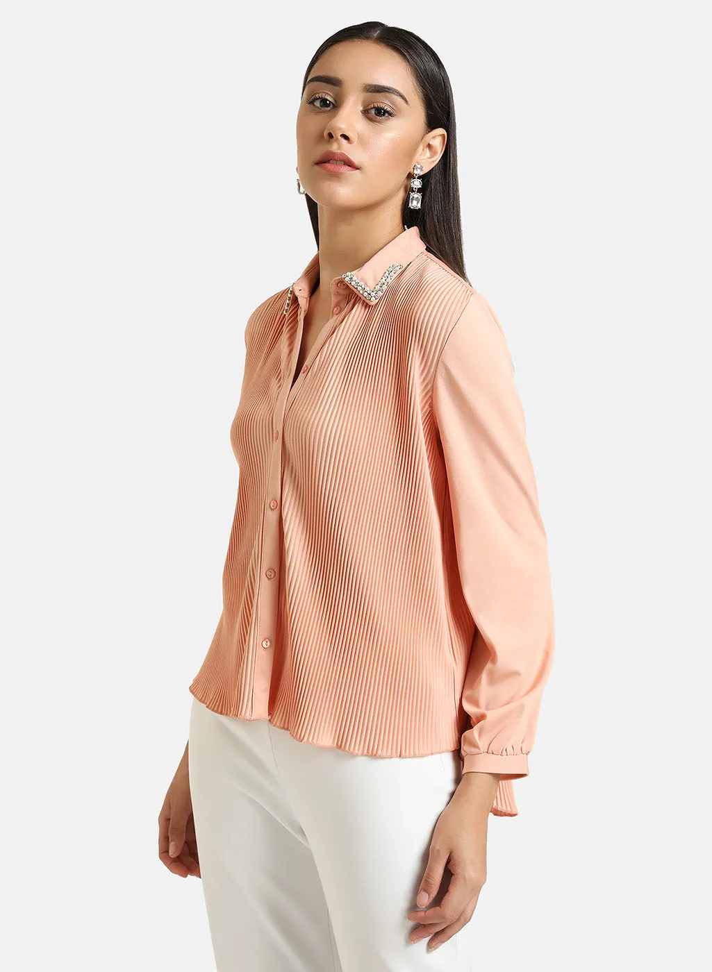 Pleated Shirt With Embellished Collar Tip