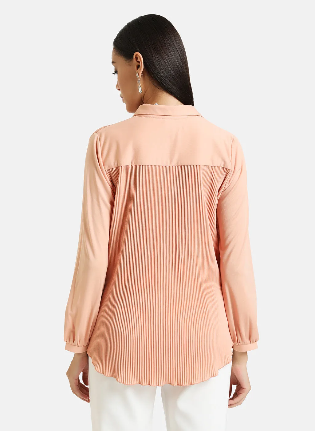 Pleated Shirt With Embellished Collar Tip