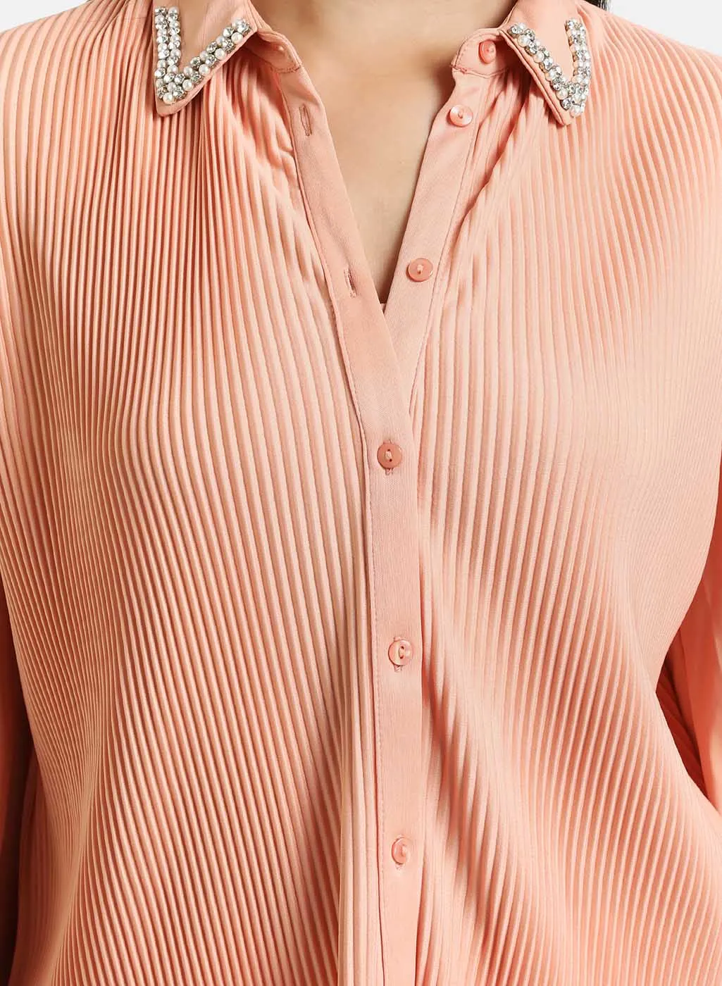 Pleated Shirt With Embellished Collar Tip