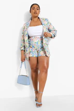 Plus Floral Ruched Sleeve Blazer