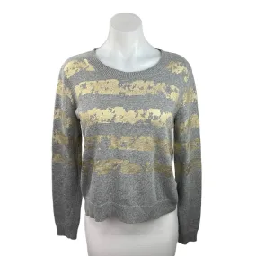 Rachel Roy Gray Gold Cashmere Metallic Striped Crew Neck Pullover Sweater Top S