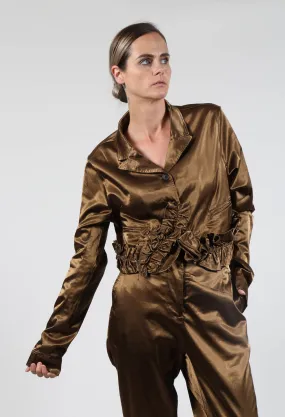 Satin Cropped Jacket with Ruffle Detail in Bronze